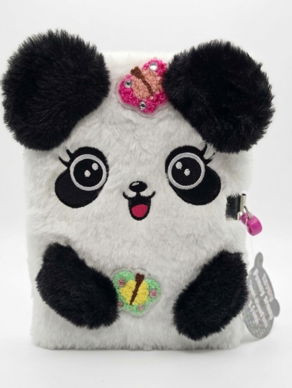 Plush Panda Lock Journal for Kids - White & Black with Pink Accent